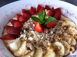 banana strawberry musli with soy vanilla yogurt
