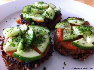 veggie burgers with chilled habanero sauce and cucumbers